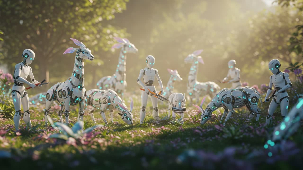 Un Raduno Futuristico: Robot e Creature Bioingegnerizzate in un Paesaggio Lussureggiante e Verdeggiante, Che Celebrano l'Armonia tra Tecnologia e Natura nella Luce Solare Screziata.