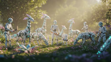 a futuristic gathering: robots and bioengineered creatures in a lush, verdant landscape, celebrating harmony between technology and nature in the dappled sunlight