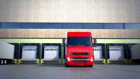 trucks with semi-trailers standing in a row in front of a warehouse. heavy load cargo transport from business commercial sites. logistics freight industry transportation endless, seamless loop.