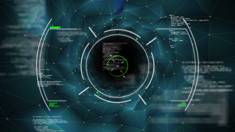 Animation-of-viewfinder-with-data-over-digital-space-with-shapes-and-connections