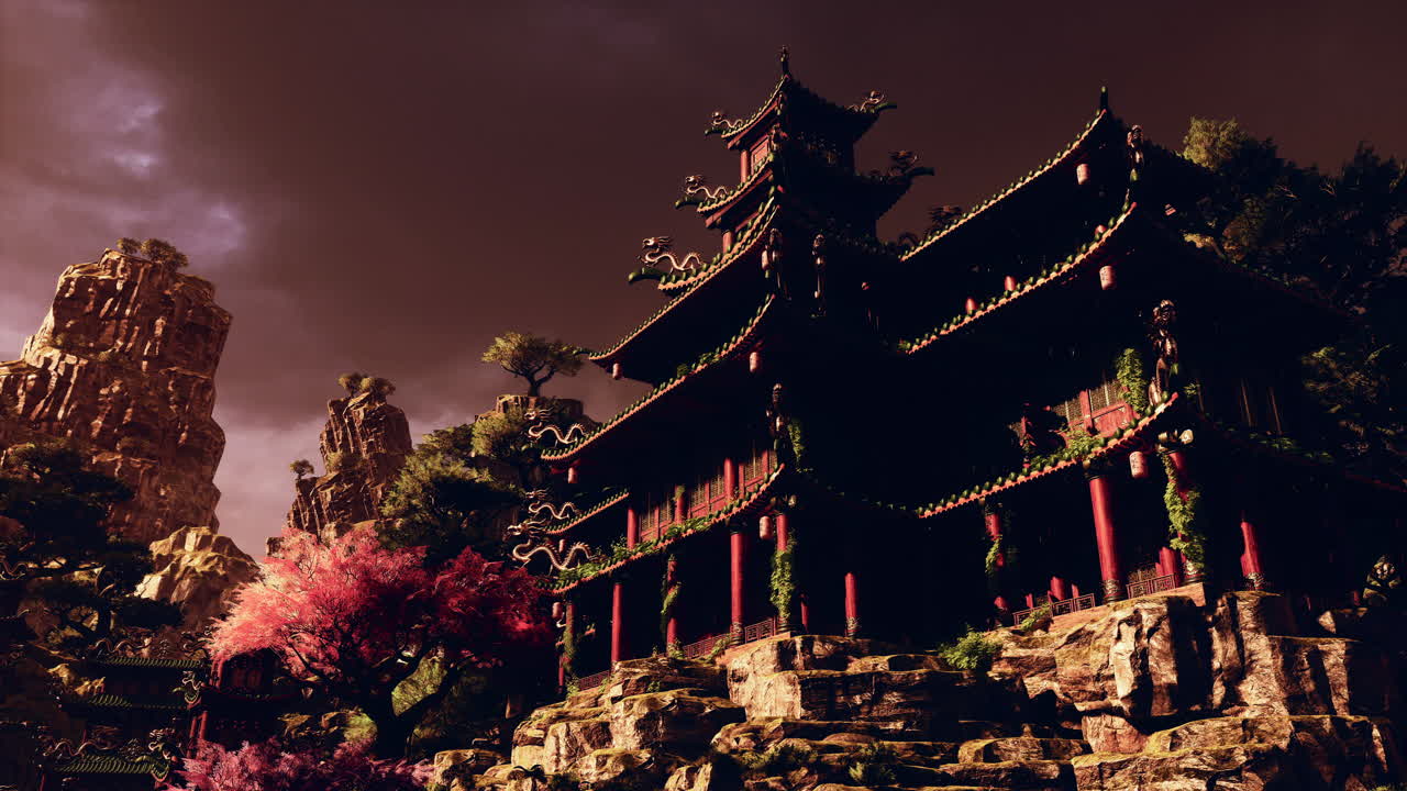 Serene asian temple nestled in the mountains surrounded by vibrant nature