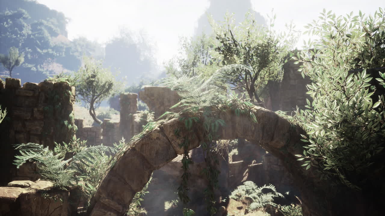 Ancient stone arch with lush greenery in a serene landscape setting