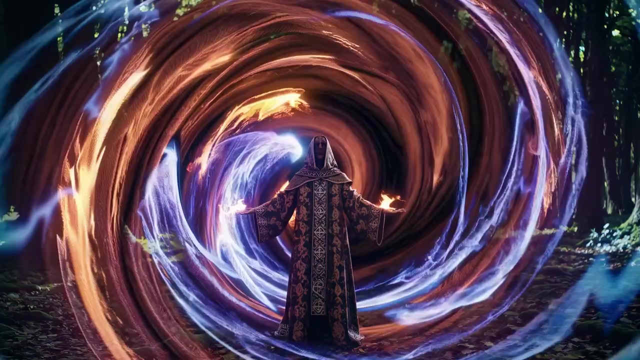 Powerful Sorcerer Creating a Magical Vortex in an Enchanted Forest
