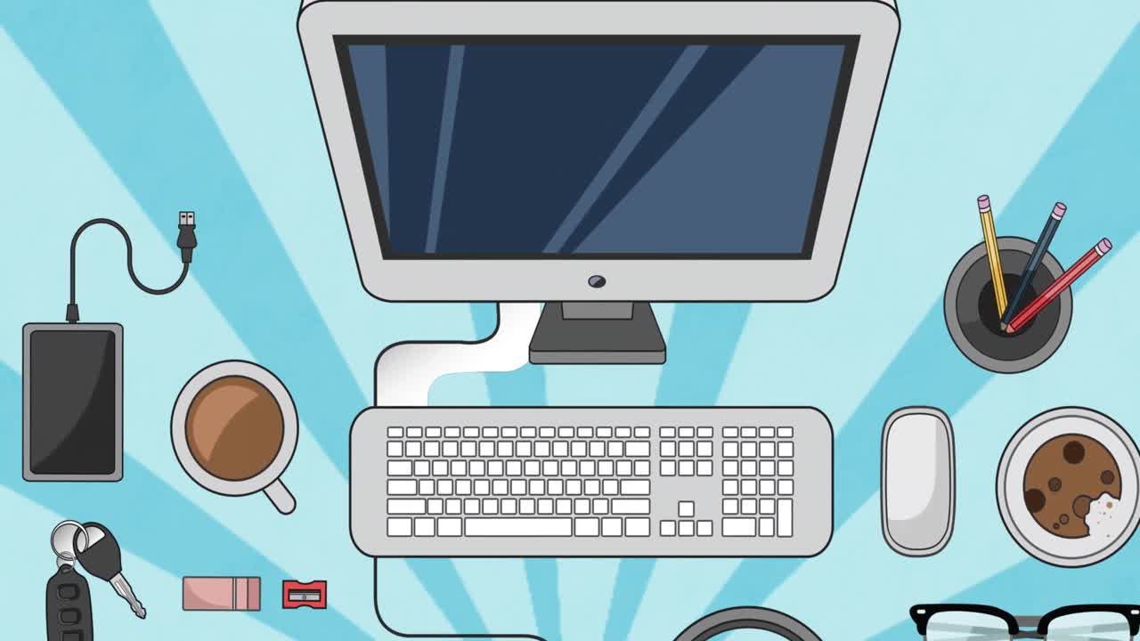 파란색 회전 줄무 ⁇  위에 컴퓨터 및 사무실 항목의 애니메이션