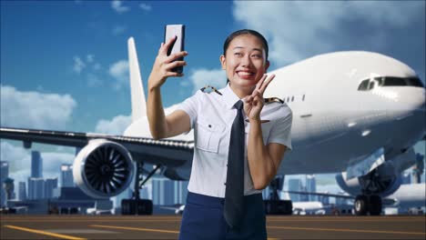 asian woman pilot using smartphone taking picture while standing in airfield with airplane on background