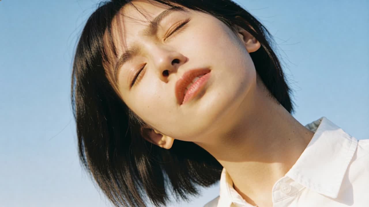 青空の下、白いシャツを着た女性が屋外ポートレートで頭を上げ、見上げている様子を撮影