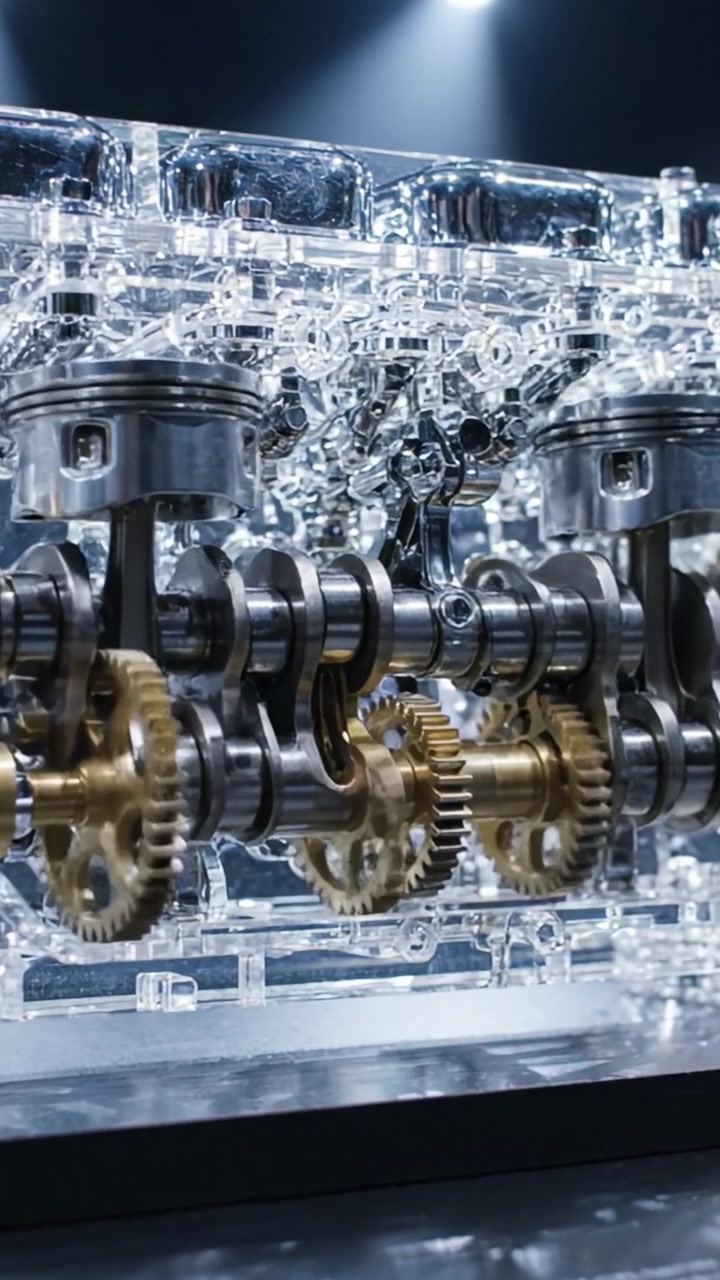 Intricate View of Transparent Engine Components Showcasing Mechanical Precision and Engineering Excellence with Gears and Pistons in Motion