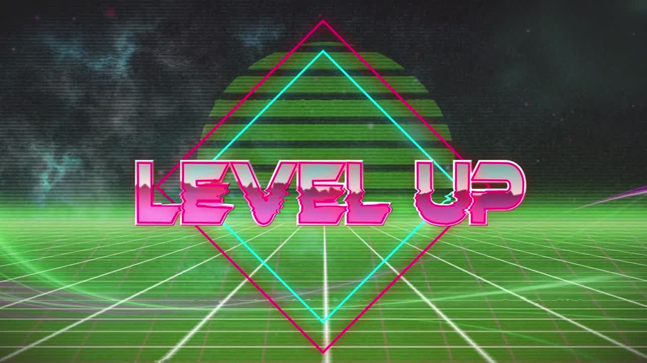 Animation af level up over grønt digitalt rum med en sfære