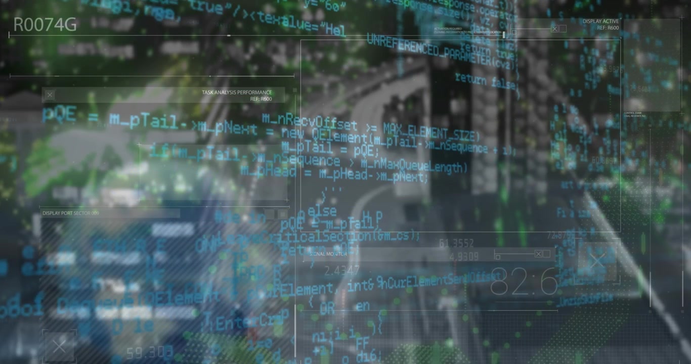 Animation of financial data processing over cityscape