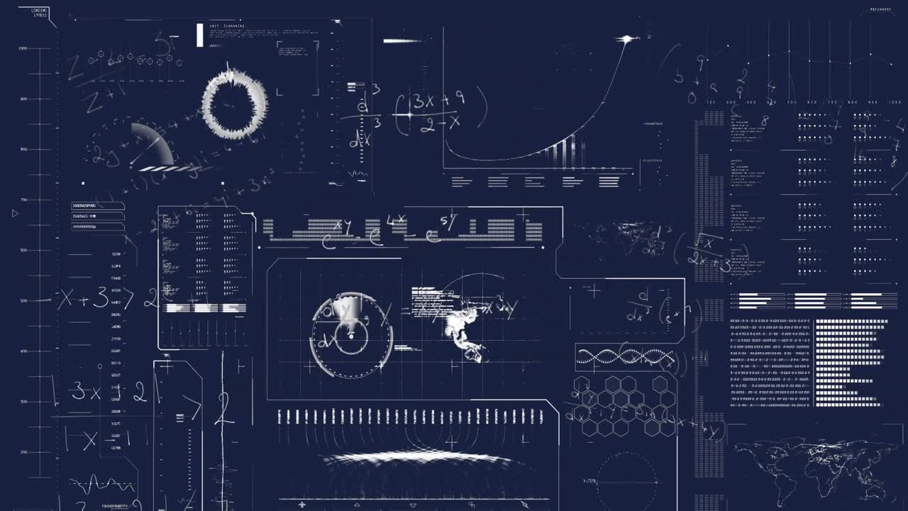 Animation of mathematical equations over interface with data processing against blue background