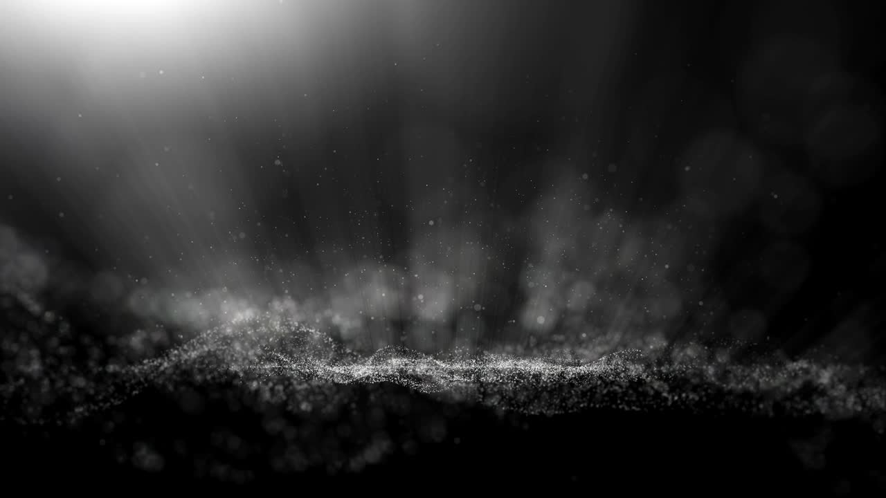 은 루프, 검은색 배경, 입자, 반이는 파동, 커튼 및 깊은 깊이의 영역을 가진 디지털 서명.