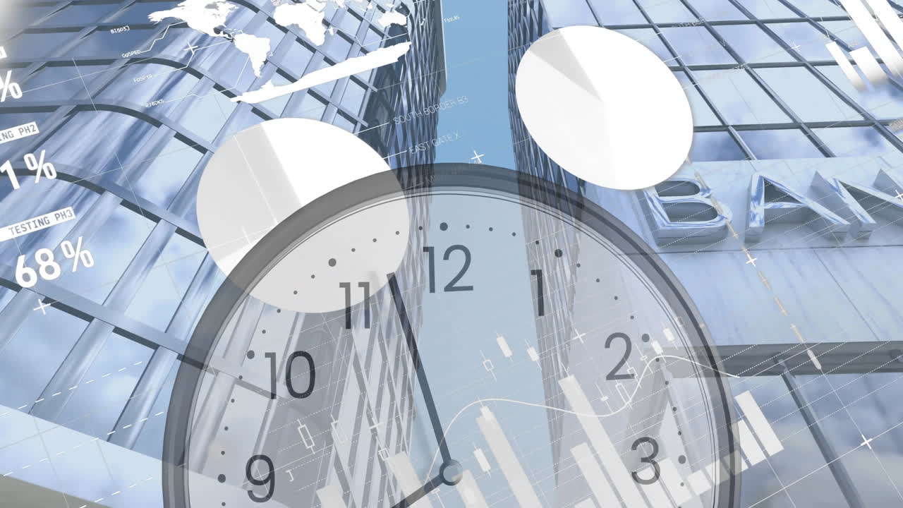 animación del procesamiento de datos financieros sobre el reloj y la ciudad