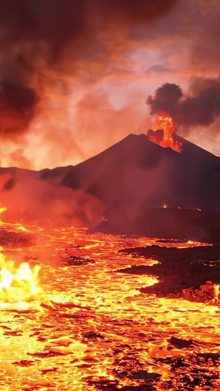 A Stunning Display of Nature's Power: An Erupting Volcano Surrounded by Flowing Lava and Eerie Smoke Emitting from the Mountainside at Dusk