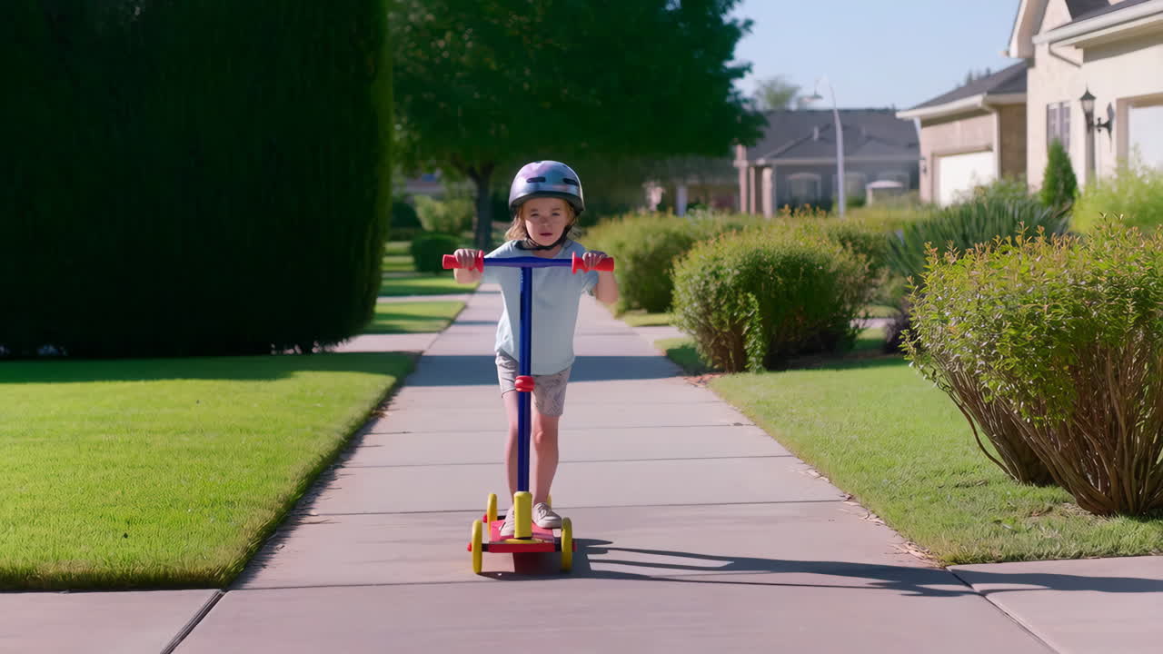 A young girl rides her scooter down the sidewalk