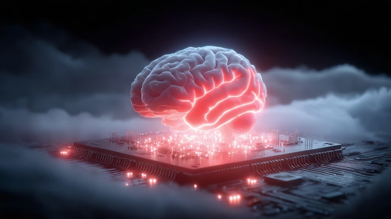 A futuristic visualization of a glowing brain superimposed on a microchip, symbolizing the intersection of artificial intelligence and human thought