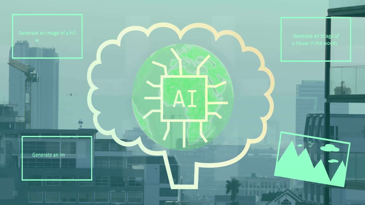 都市風景上のデータ処理のアニメーション