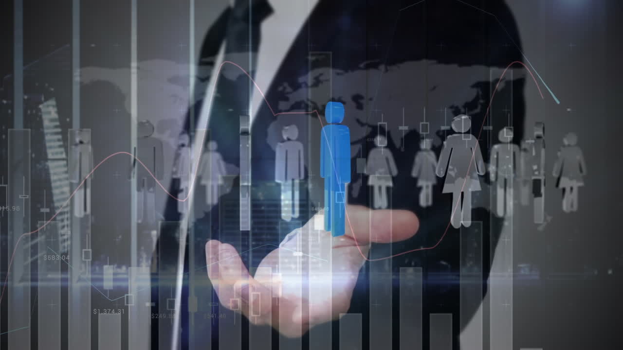 人のアイコンとデータ処理のビジネスマンのアニメーション