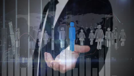 animación de un hombre de negocios con iconos de personas y procesamiento de datos