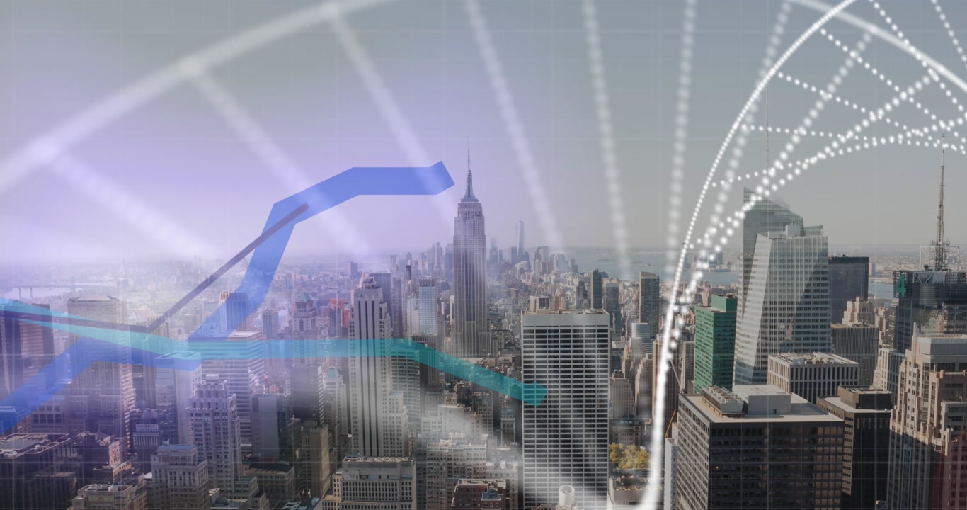 Animation of dna structure spinning and statistical data processing over aerial view of cityscape