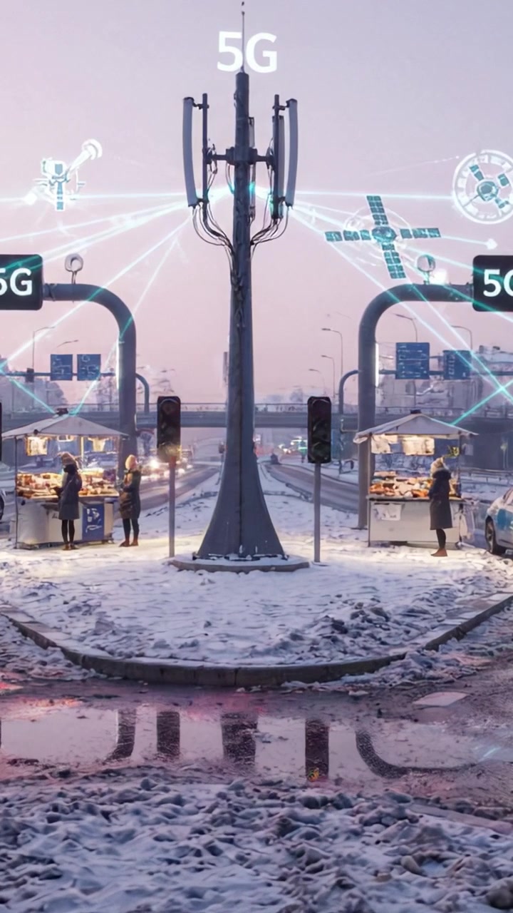 Comunicazione High-Tech in Inverno: Una Scena di Strada Affollata con Venditori e Reti 5G in Condizioni Nevose, che Dimostra la Fusione di Tecnologia e Vita Quotidiana