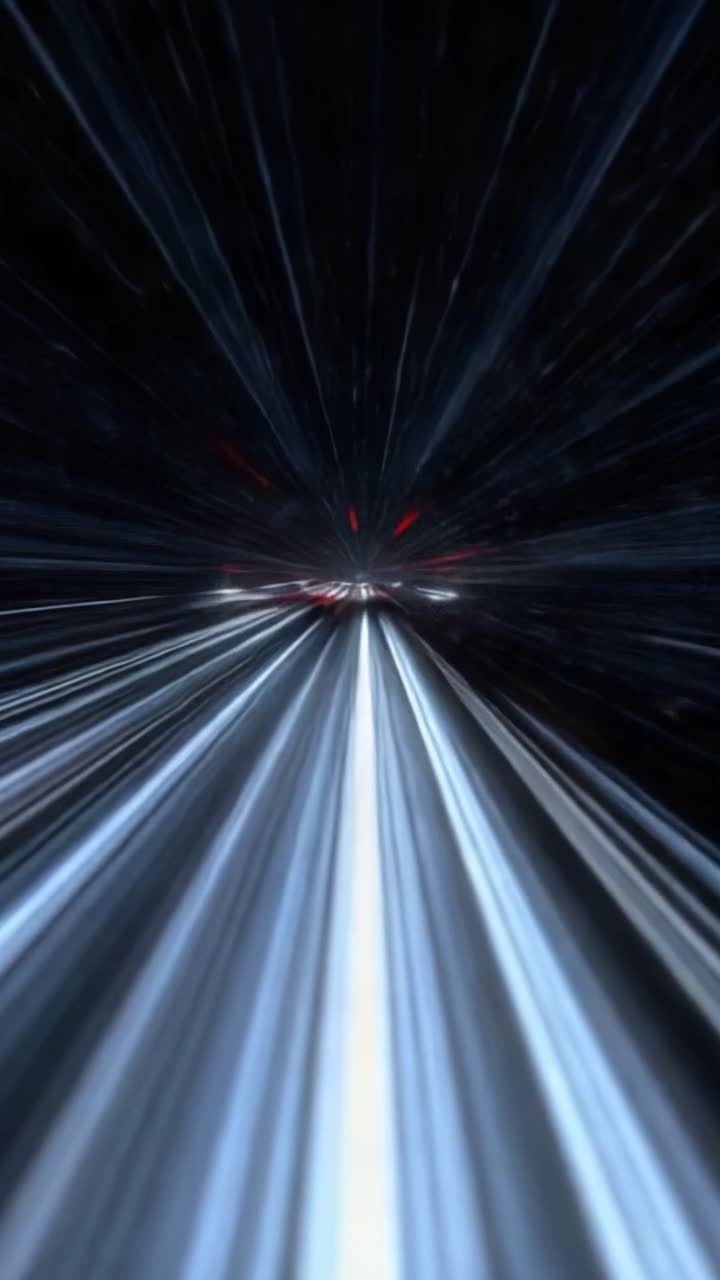 Un viaggio dinamico nello spazio: Catturare l'emozione del viaggio a velocità iperspaziale con luci e stelle sfocate in una prospettiva distorta di galassia in espansione.