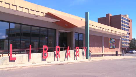 a modern american public library establishing shot