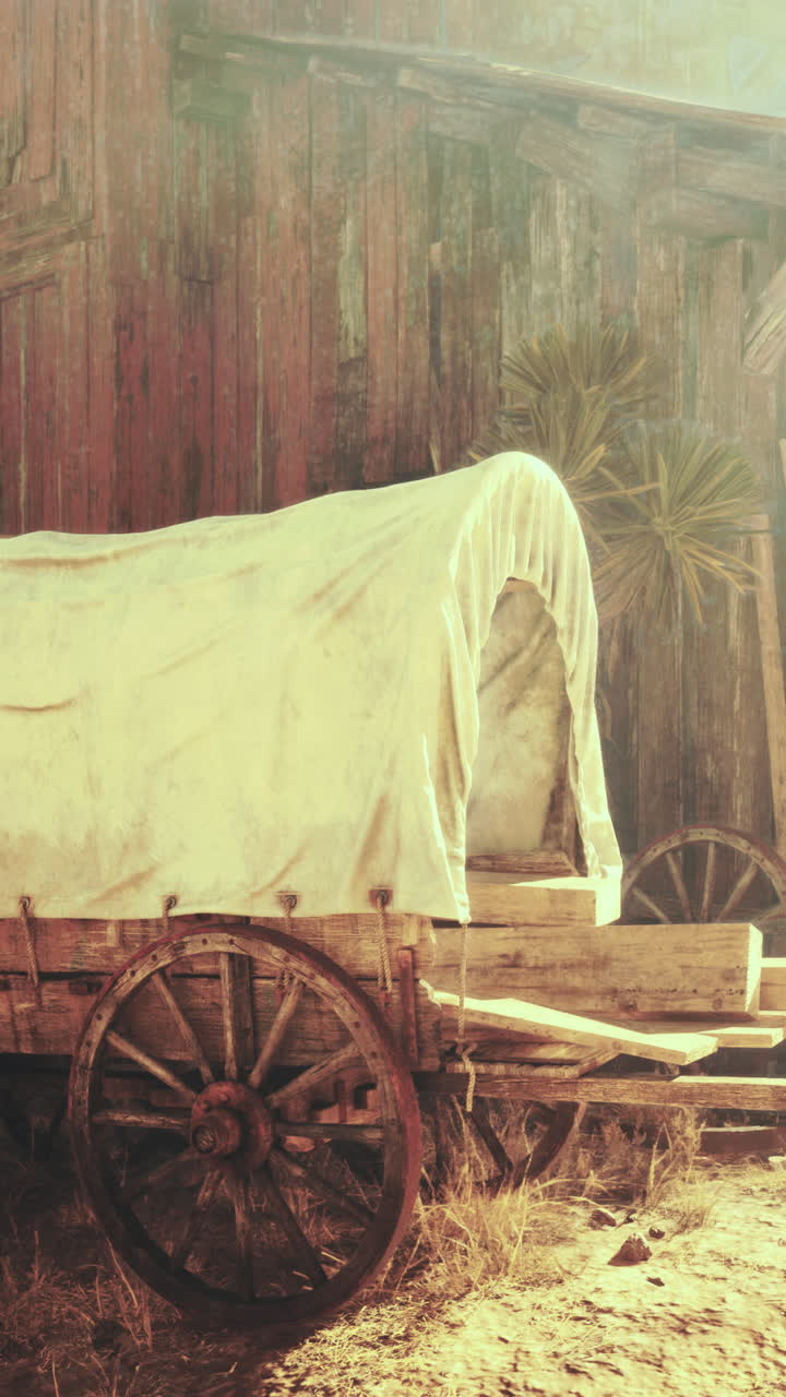 시골 건물 앞에 주차 된 인 마차