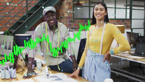 animation of multiple graphs with changing numbers over smiling diverse designers looking at camera