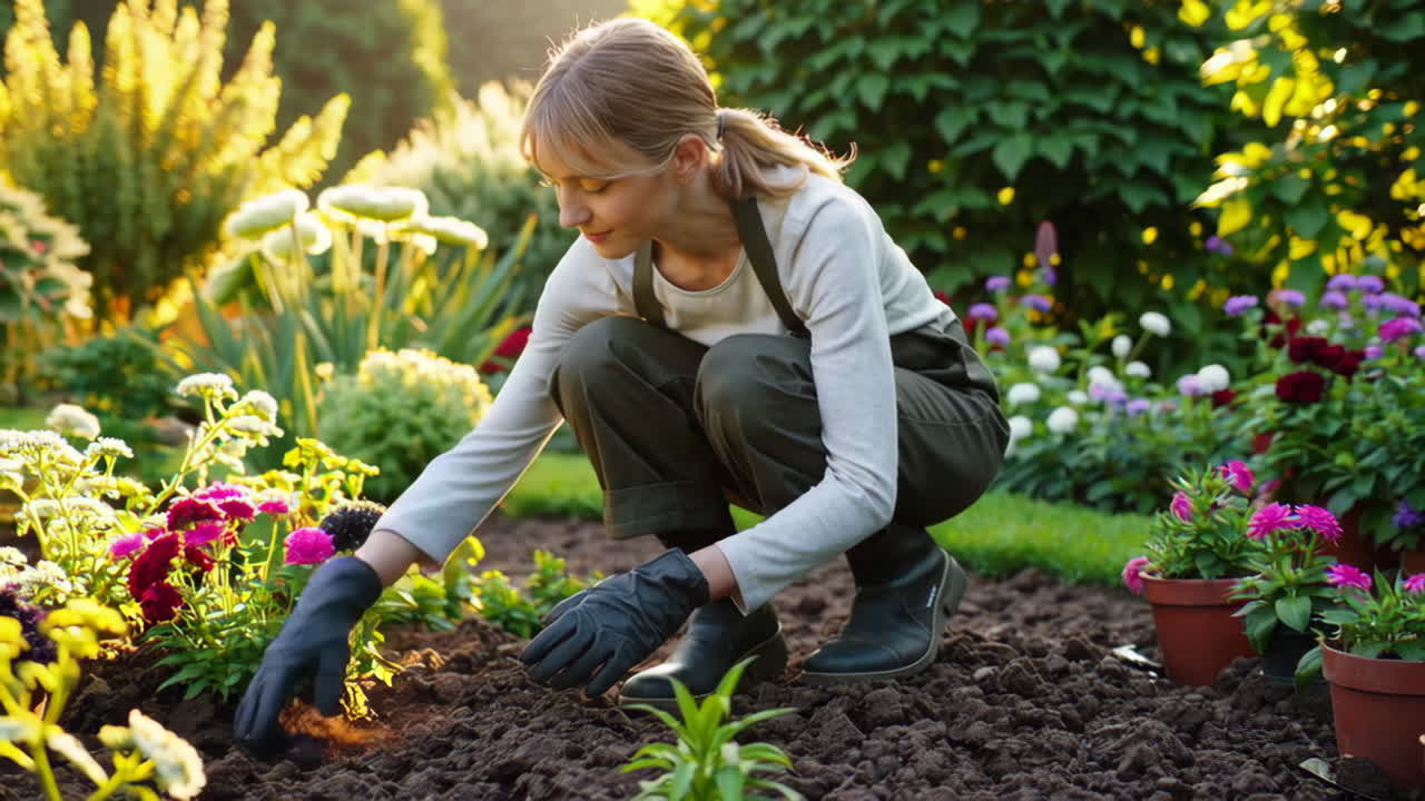 Woman planting flowers in a garden