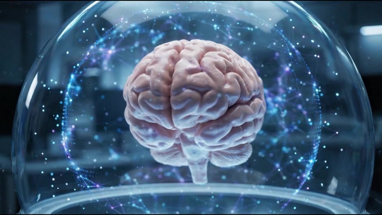 Modello di cervello umano all'interno di una cupola di vetro futuristica