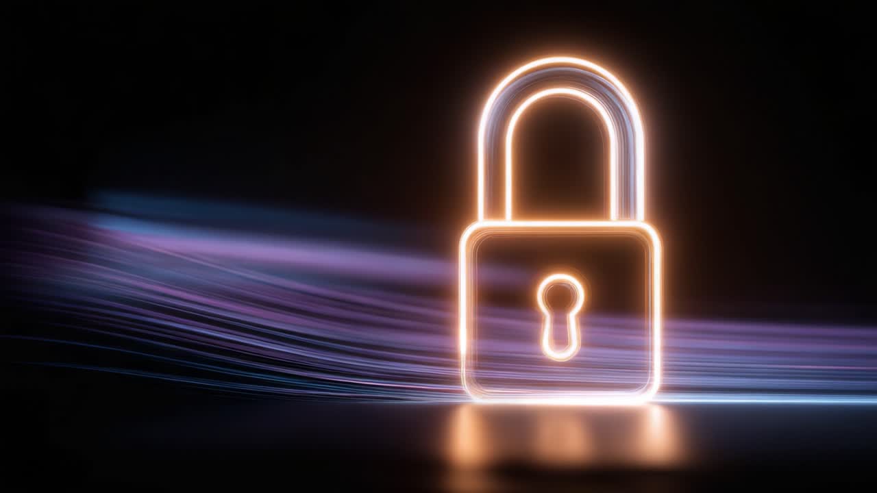 A Glowing Digital Padlock: A Visual Representation of Security, Encryption, and Protection in a Dark Background with Vibrant Light Trails Emphasizing Lockdown Vitality
