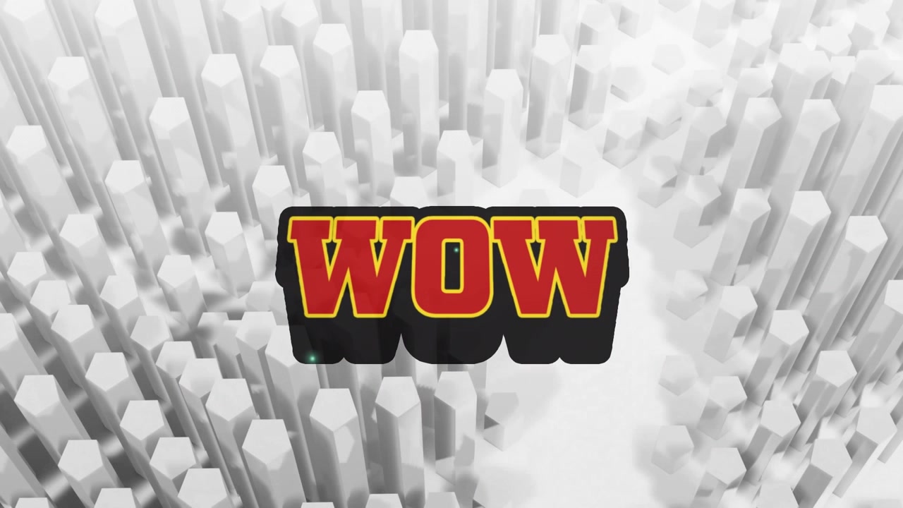 Animazione del testo 'wow' e di forme su sfondo bianco