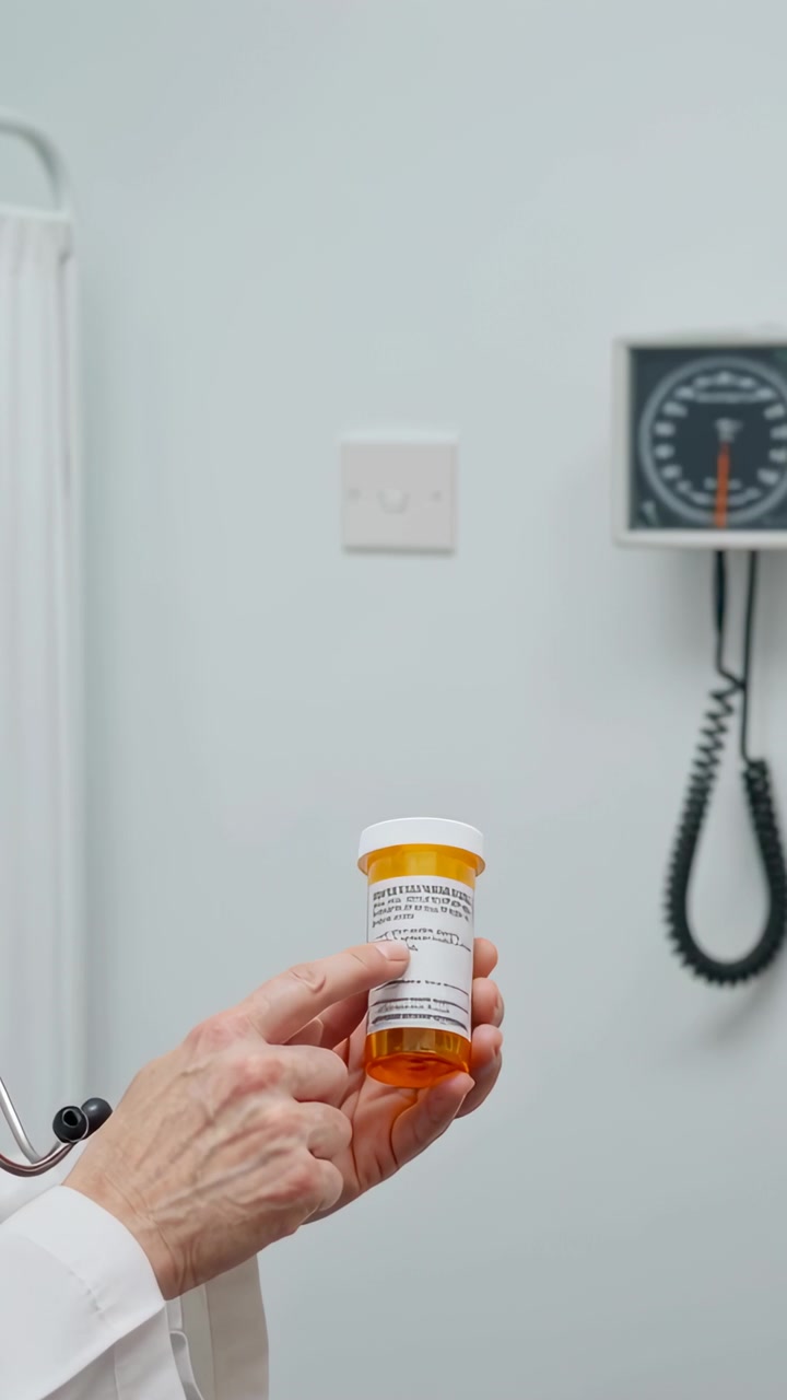 Vertical video: During consult doctor in lab coat tracing orange bottle label, explaining dosage