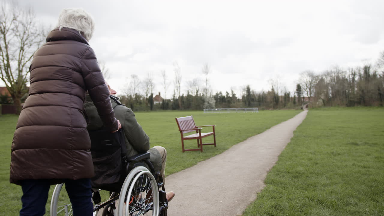 Donna anziana ripresa di spalle che spinge un uomo anziano in sedia a rotelle all'aperto in un parco autunnale o invernale.