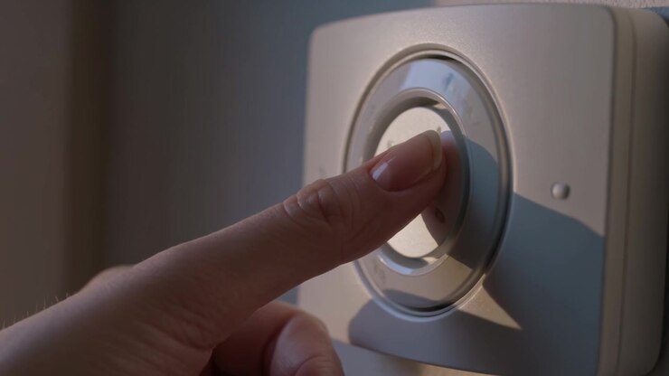 Entering finger pressing, rotating center button on room wall dial, changing light, copy space