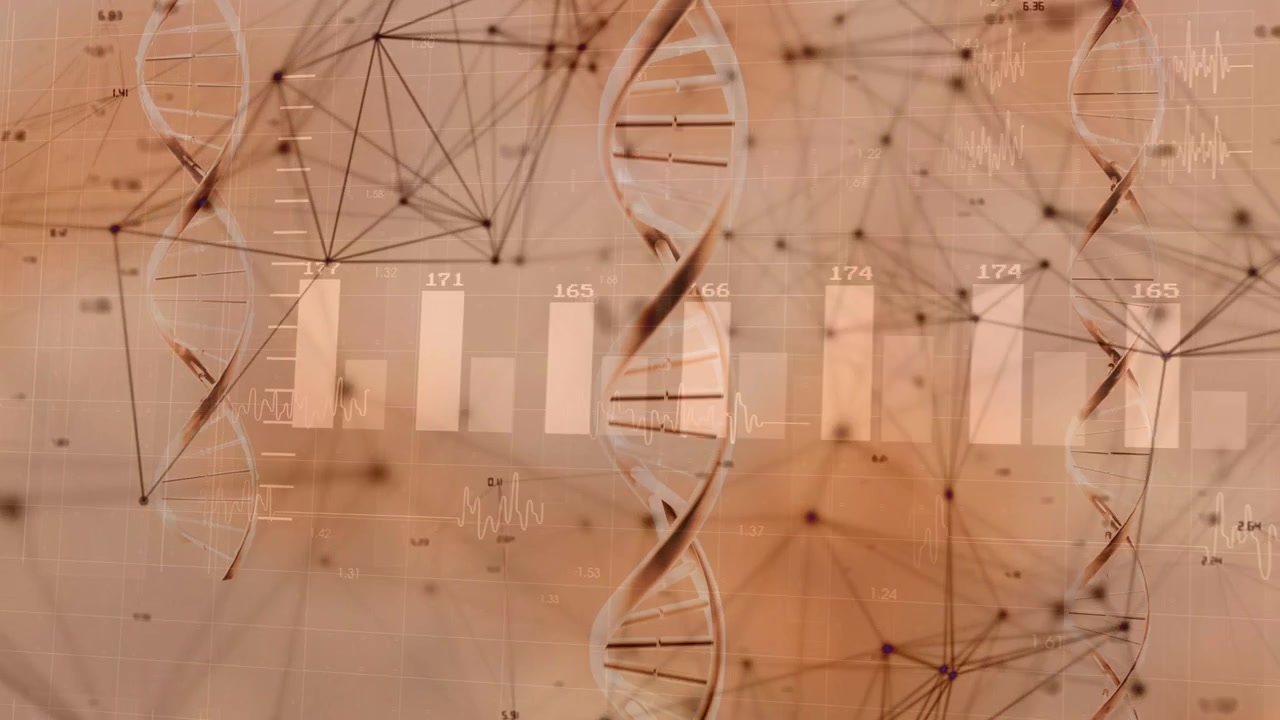 세로 영상: DNA 이중 나선이 회전하고, 막대들이 미끄러져 들어오며 유전체 연구를 위한 숫자 라벨을 드러냄