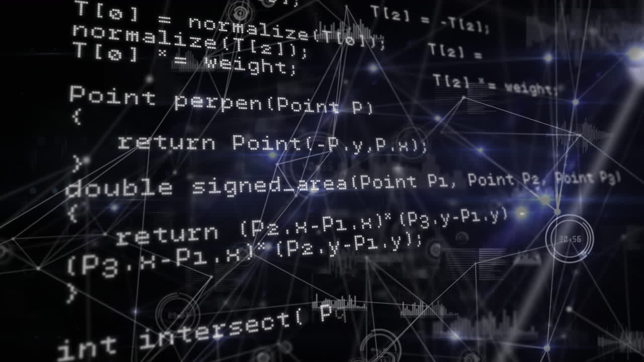 animación del procesamiento de datos en pantalla y red de conexiones