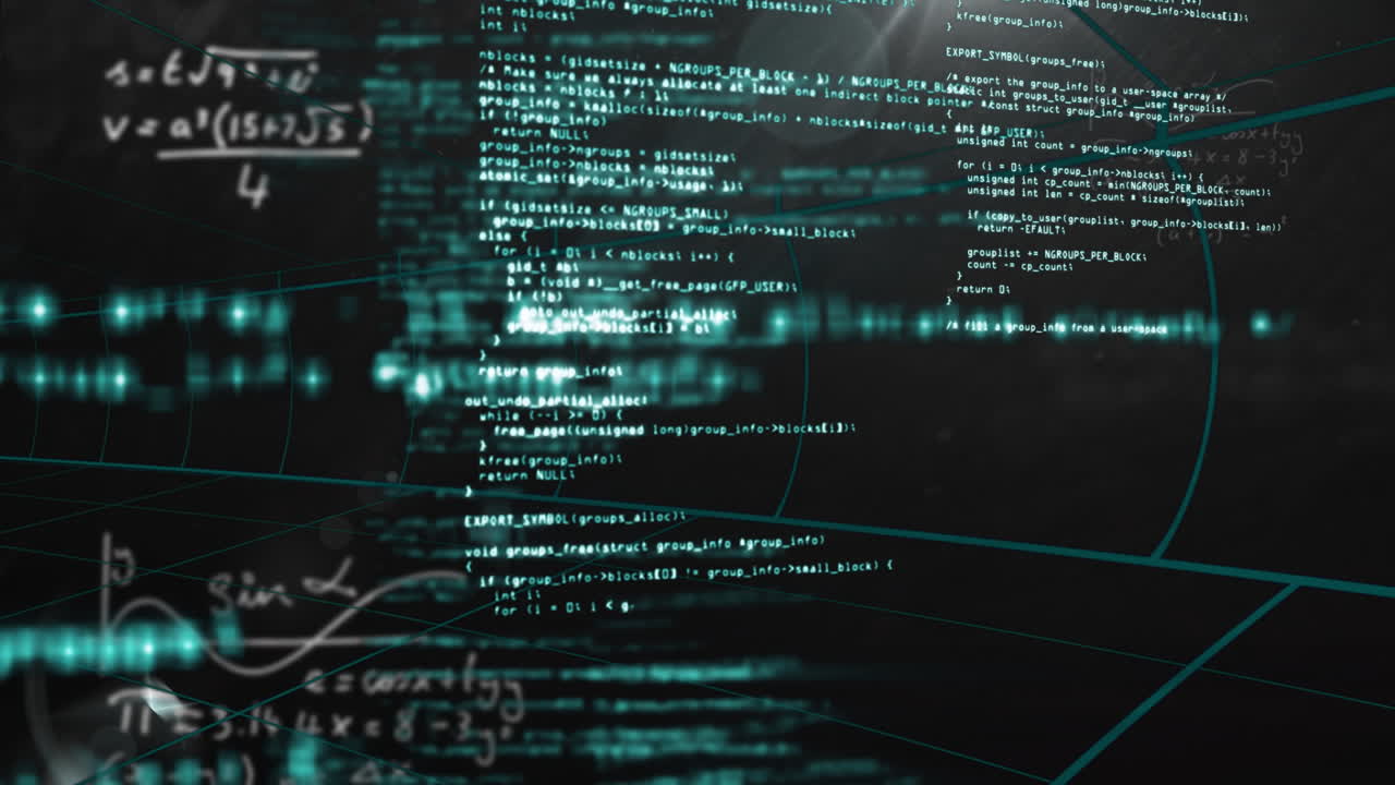 Animation of computer code and mathematical equations floating over dark background