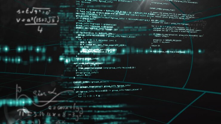 Animation of computer code and mathematical equations floating over dark background