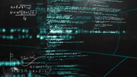 animation of computer code and mathematical equations floating over dark background