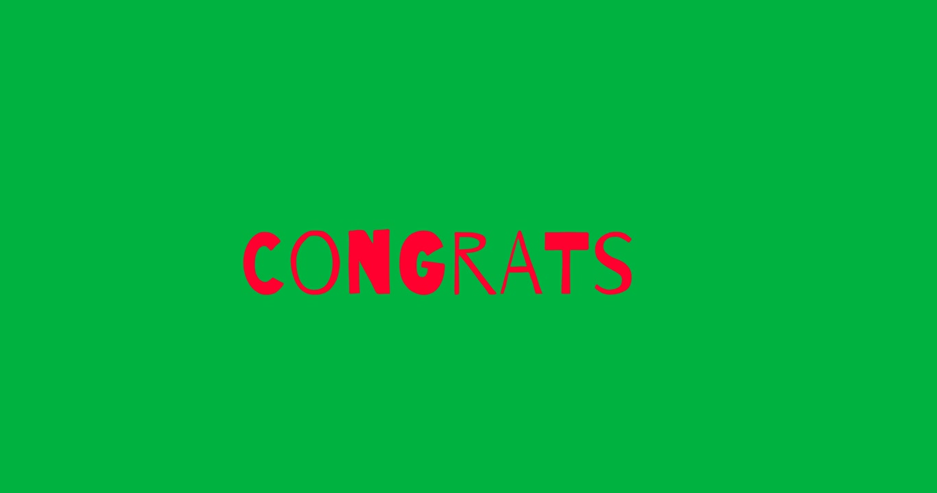 Animazione digitale di banner di testo rosso "Congratulazioni" su sfondo nero