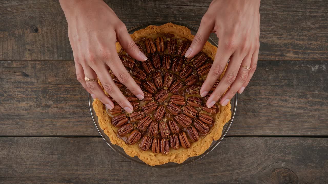 Entering hands adjusting pecan pie in glass dish on rustic tabletop before serving, wearing rings