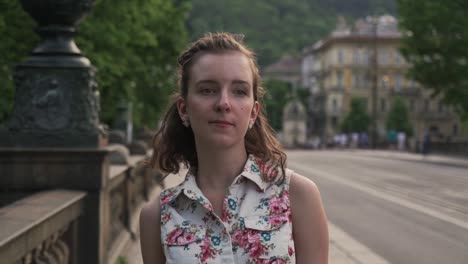 pretty girl walking street in prague czech republic