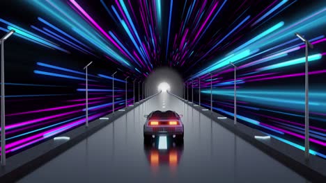 Animation-of-car-video-game-over-pink-and-blue-neon-light-trails