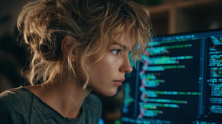 Geconcentreerde programmeur analyseert code op computerscherm: een diepe duik in de wereld van codering en softwareontwikkeling, die de essentie van concentratie en creativiteit vastlegt.