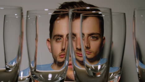 man's face distorted through multiple glasses