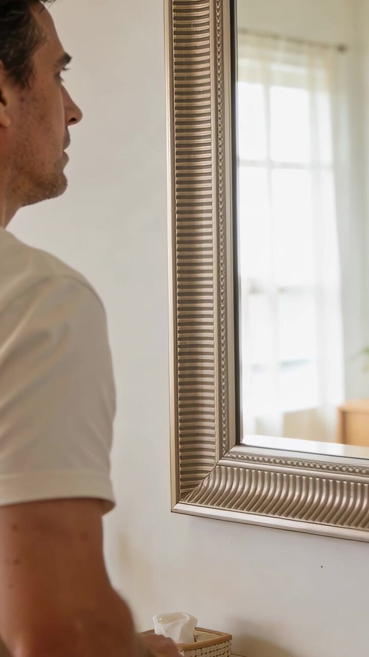 Video verticale: Vedendo il riflesso nello specchio, uomo in maglietta che inclina la testa controllando il viso a casa, spazio per il testo