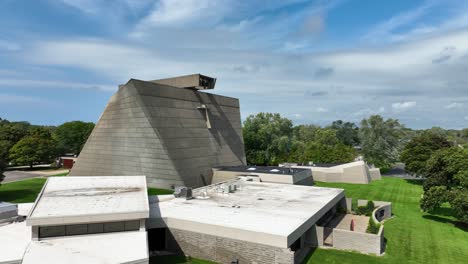 angled look from level at an impressive concrete brutalist church