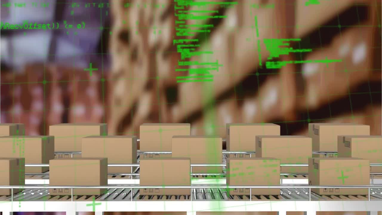 анимация обработки статистики на конвейерных лентах с коробками