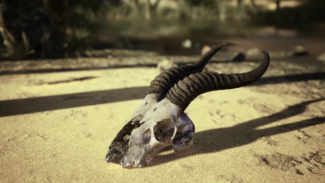 Detailed view of a ram skull resting in a desert landscape under sunlight